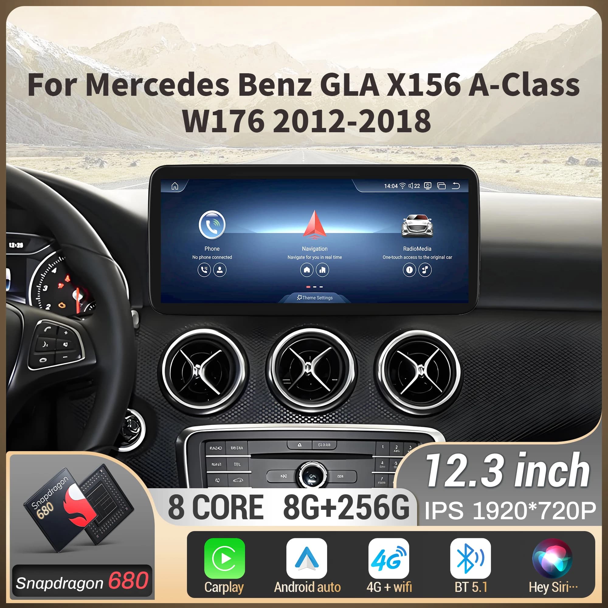 12.3"Car Radio For Mercedes Benz GLA X156 A-Class W176 2012 2013 2014-2018 Wireless Carplay Snapdragon 680 CPU:SM6225 Screen
