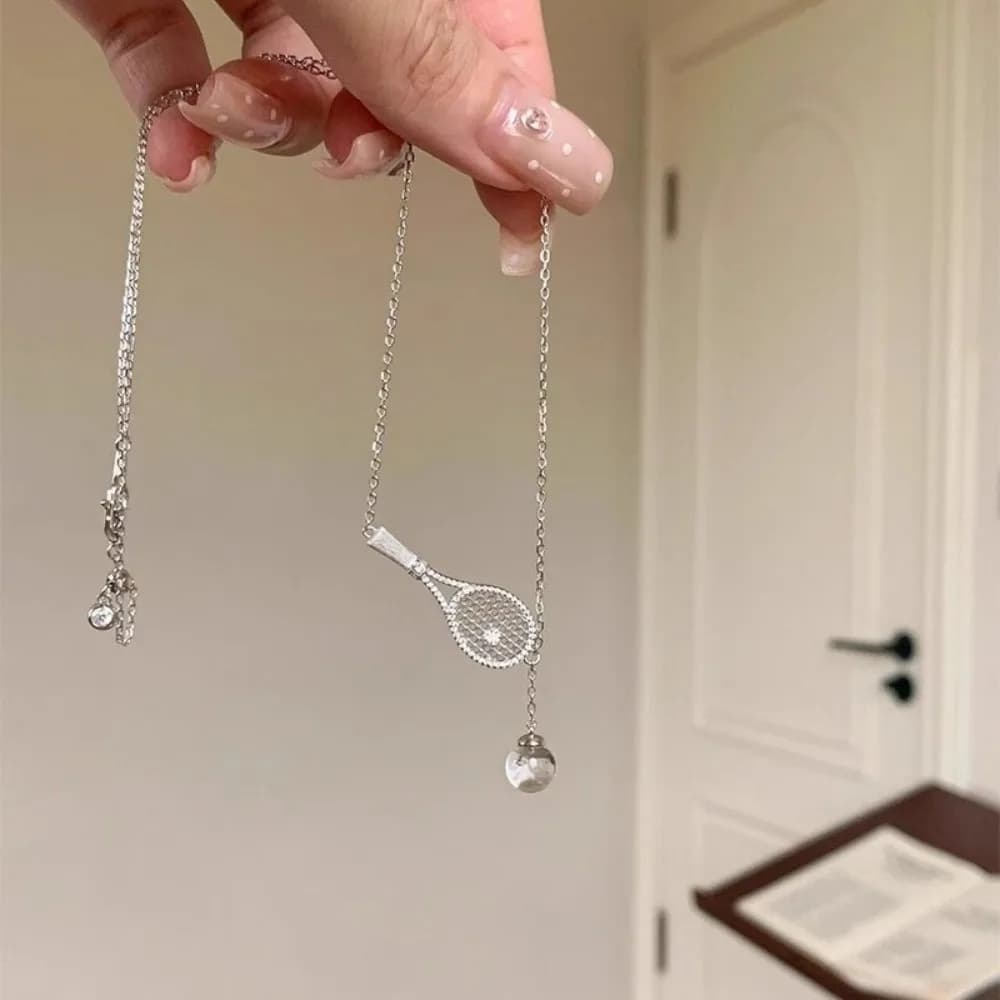 New Exquisite Tennis Racket Necklace Zirconia Metal Silver Color Pendant Necklace With Diamonds Sweater Chain Jewelry Gifts