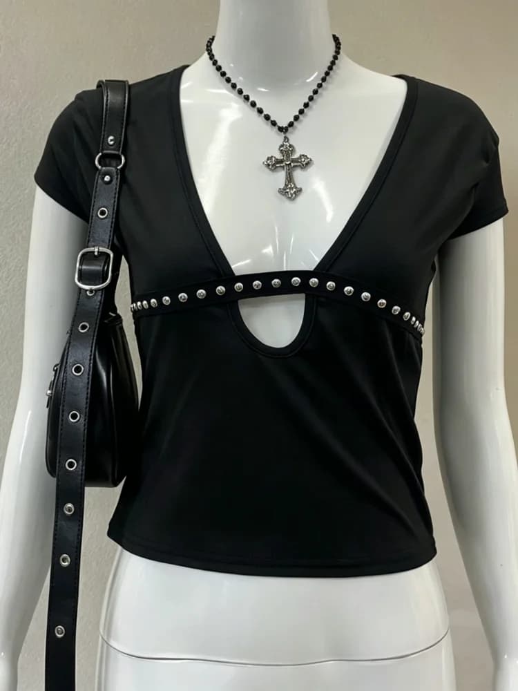 Nuovo Top Corto Estivo Nero con Scollo a V Profondo per Donne con Decorazioni in Strass