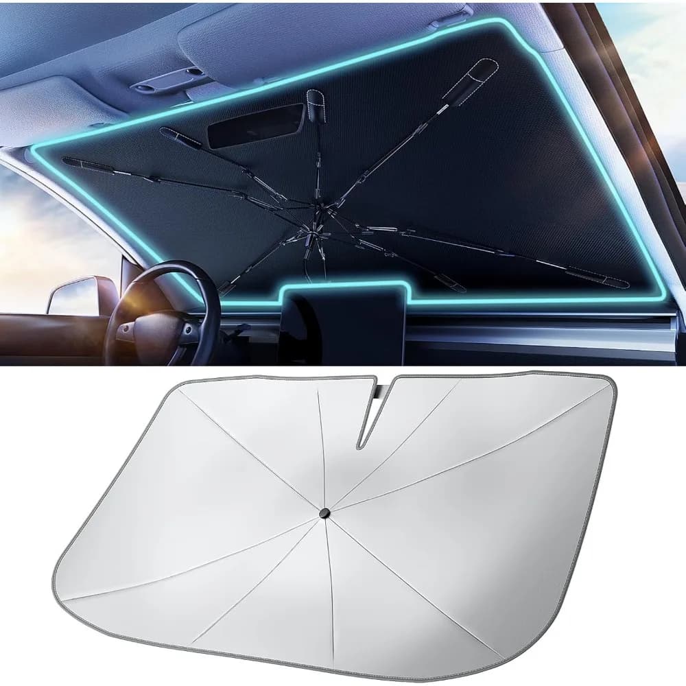 Parasole per Parabrezza a Ombrello Argento, Scudo Termico Riflettente UV 56x31, Adattabile Universalmente, Raffredda di 25°F
