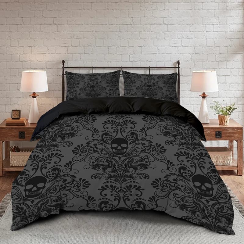 Set duvet cover with flower skull 3 pieces with floral skull pattern, includes 1 duvet and 2 pillowcase, suitable for all seasons