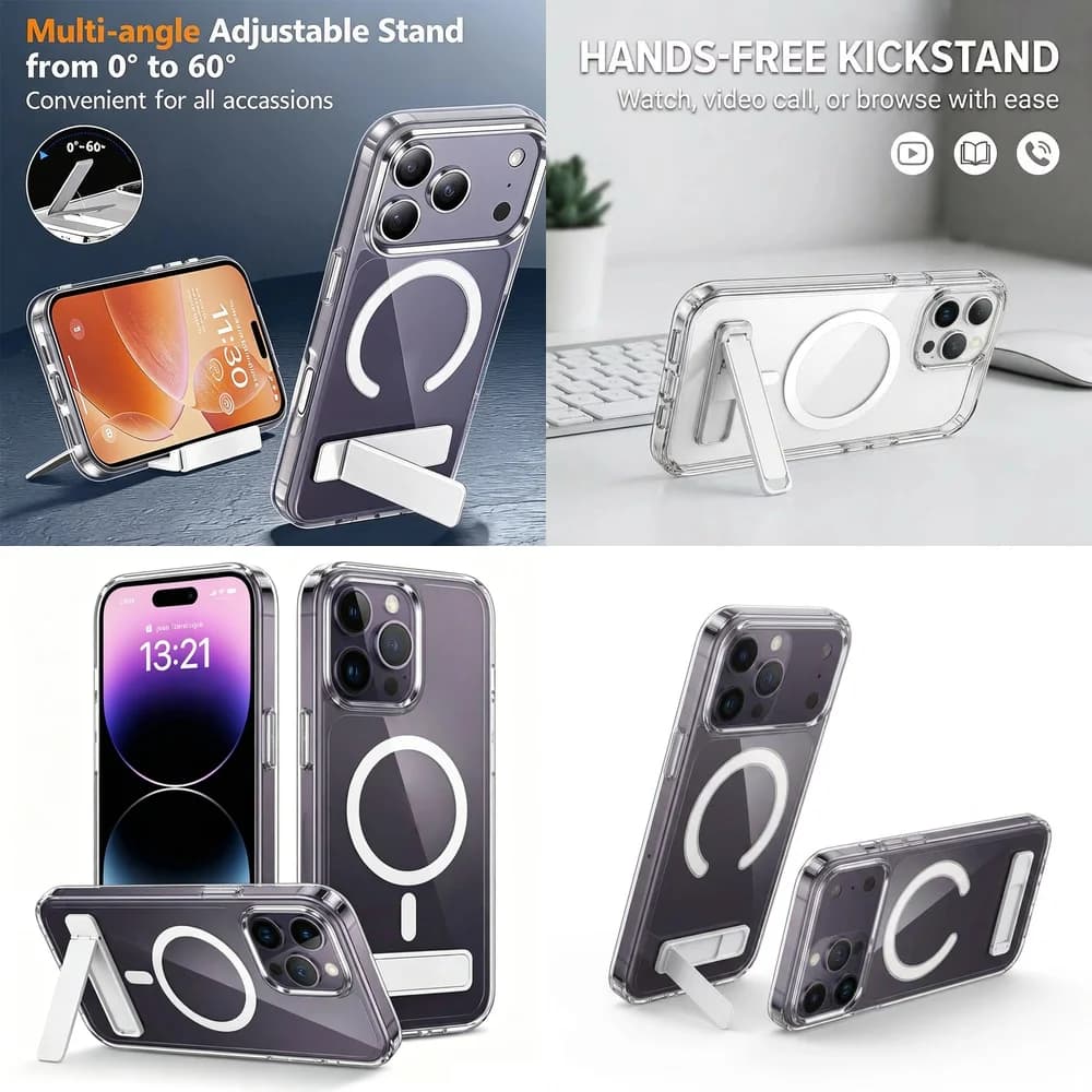 Transparent Magnetic Cover Hidden Kickstand Anti-Fingerprint HD Transparent for iPhone 17 16 15 14 13 12 11 Pro Max Plus mini