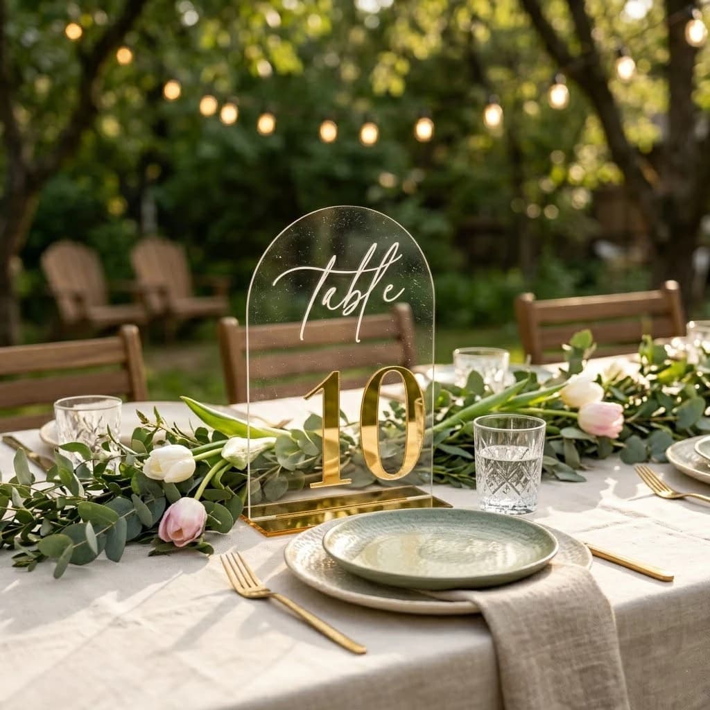 Clear Acrylic Table Numbers Set of 10 with Holders, Arched Clear Table Number Signs 1-10, Frosted "Table" Calligraphy, Modern Wedding Centerpiece Decorations for Reception, Anniversary, Party