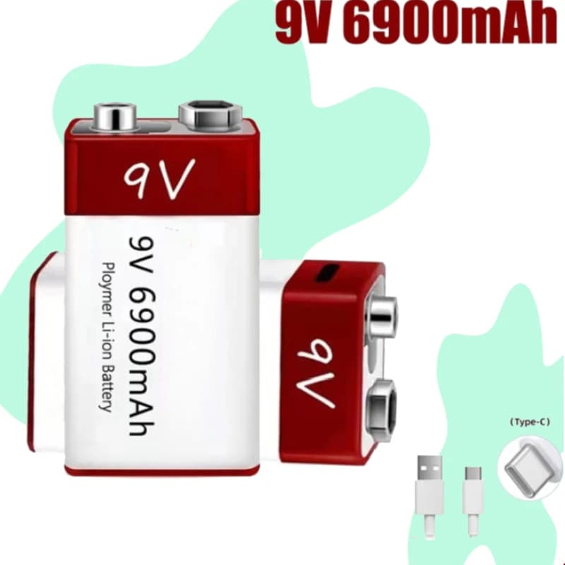 Batteria ricaricabile da 6900 mAh 9 V tipo C USB agli ioni di litio ad alta potenza per multimetro, rilevatore di metalli, microfono, rilevatore di fumo