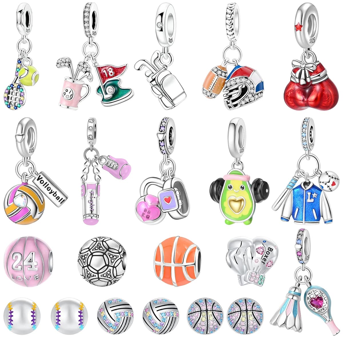 Charm in Argento Sterling 925 per Sport: Tennis, Golf, Boxe, Basket, Calcio, Pallavolo, Gioielli Fai-da-Te per Amanti dello Sport