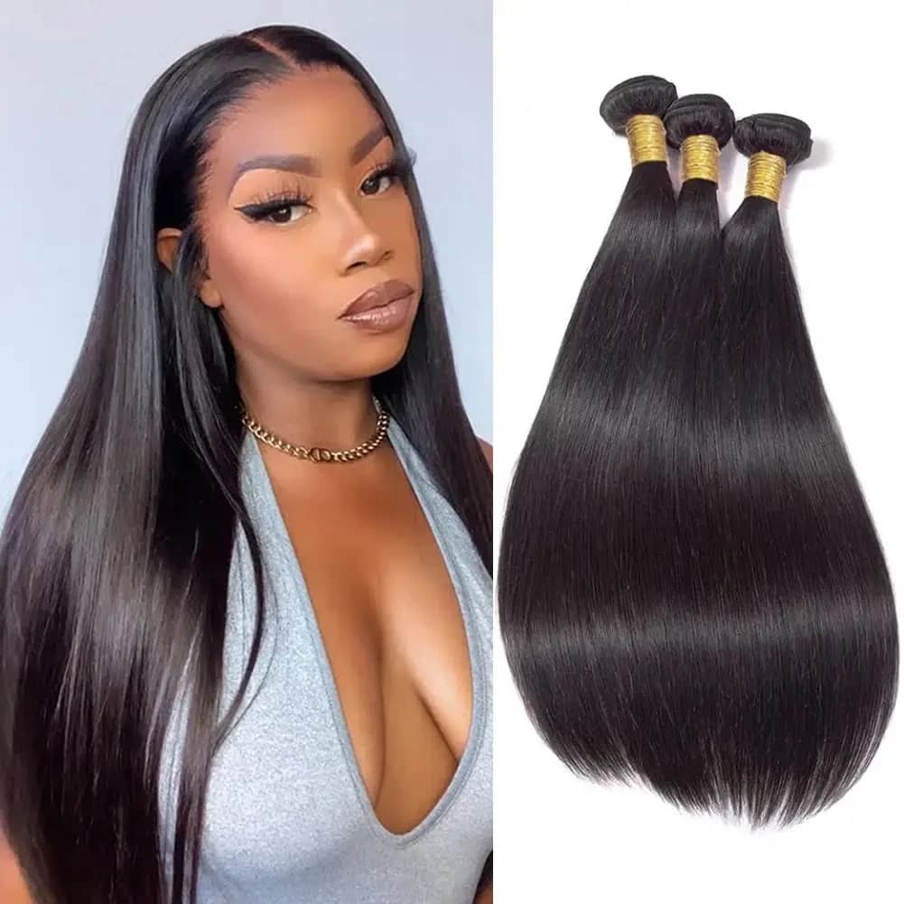 Extensions of Human Hair Straight Brasilians Remy, Packs of 1/3/4 Pieces, Natural Black Color