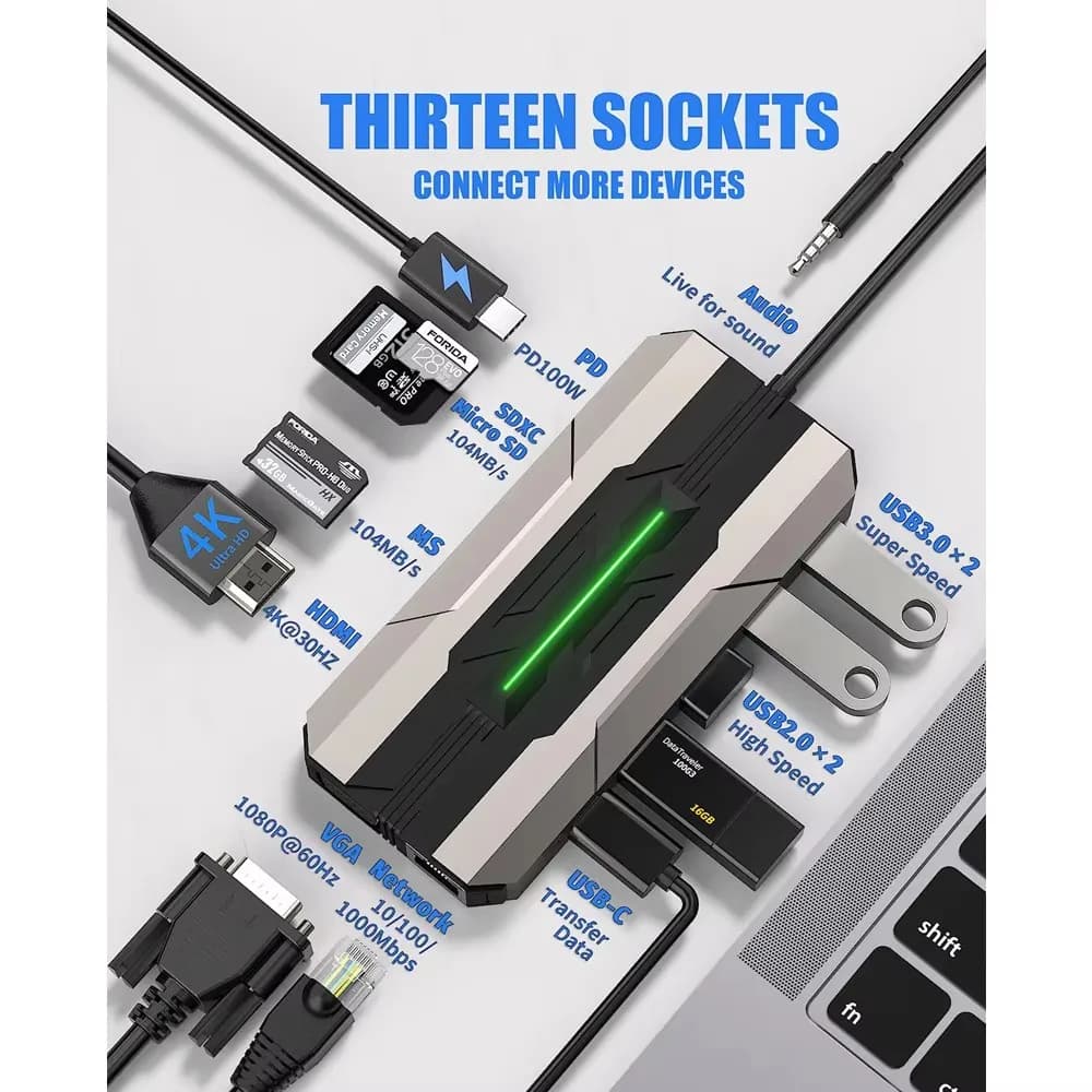 Getatek 13 IN 1 USB C Hub Docking Station Lettore di schede SD 1000M RJ45 Adattatore concentratore HDTV VGA USB Hub 3.0 compatibile HDMI