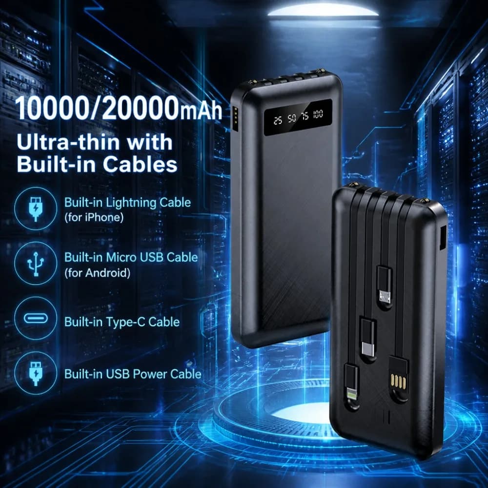 10000/20000mAh Portable Charger Power Bank with Built-in 4 Cables Digital Display Airline Carry-on For iPhone Android Type-C