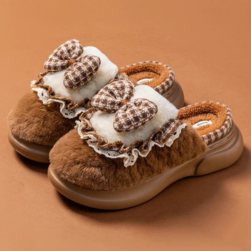 Sweet Bowknot Thick Bottom Plush Slippers Women 2026 New Indoor Non Slip Platform Slides Woman Comfy Warm Fleece Winter Slippers