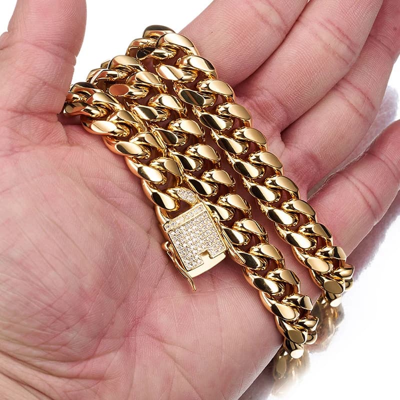 Collane a catena cubana Miami in acciaio inossidabile larghe 12 mm con zirconi CZ, chiusura a scatola, stile bling, catena a maglie ghiacciate per uomo, gioielli hip hop rock.