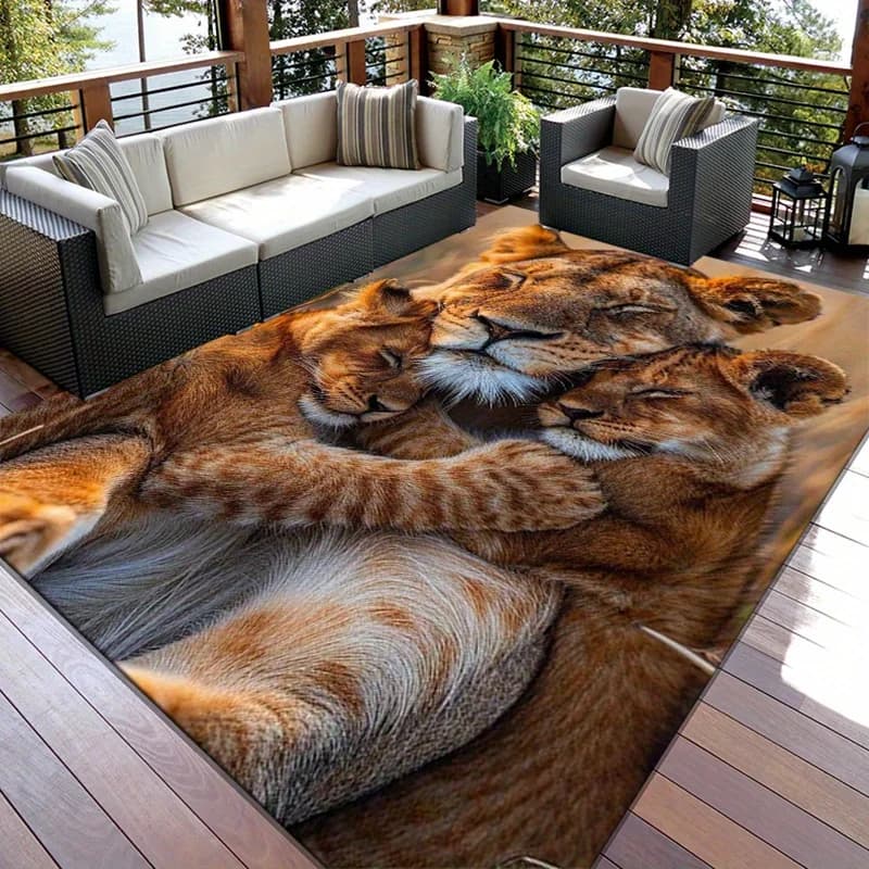 Tappeto in Flanella con Stampa Famiglia di Leoni, Design Artistico di Animali Selvatici, Morbido Tappeto in Pile per Esterni, Giardino, Patio, Decorazione Naturale