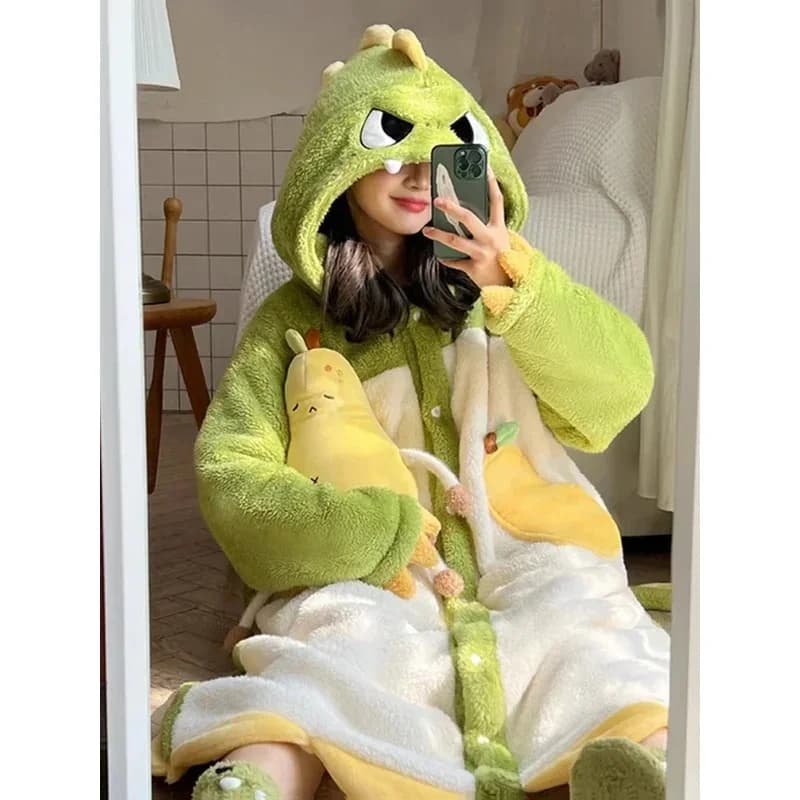 2025 Pigiama invernale per le donne Dinosauro del fumetto con cappuccio Abito lungo Carino Abbigliamento per la casa Indumenti da notte Flanella spessa Comodo lounge Accappatoio