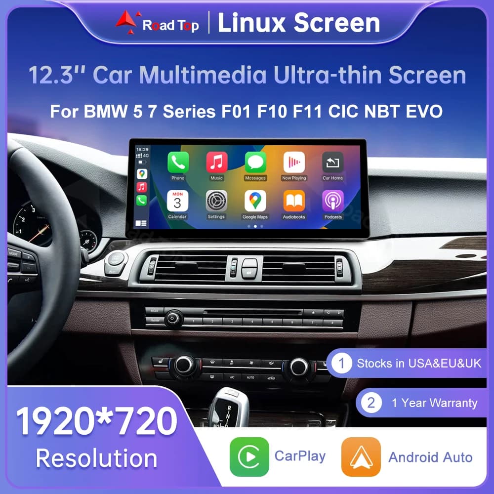 12.3 inch touch screen screen with CarPlay wireless and Android Auto for BMW Series 5 and 7 F10 F11 F02 F03 2008-2015 CIC NBT EVO Autoradio