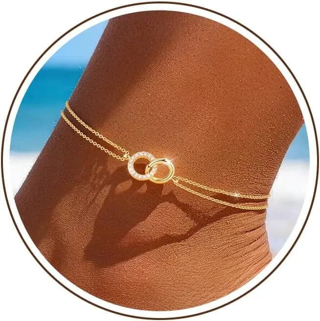 Sterling Silver Ankle Bracelets for Women 14k Gold Plated Waterproof Layered Stackable Bead Chain Infinity Charm Non Tarnish Large Adjustable Summer Party Beach Jewelry Gift