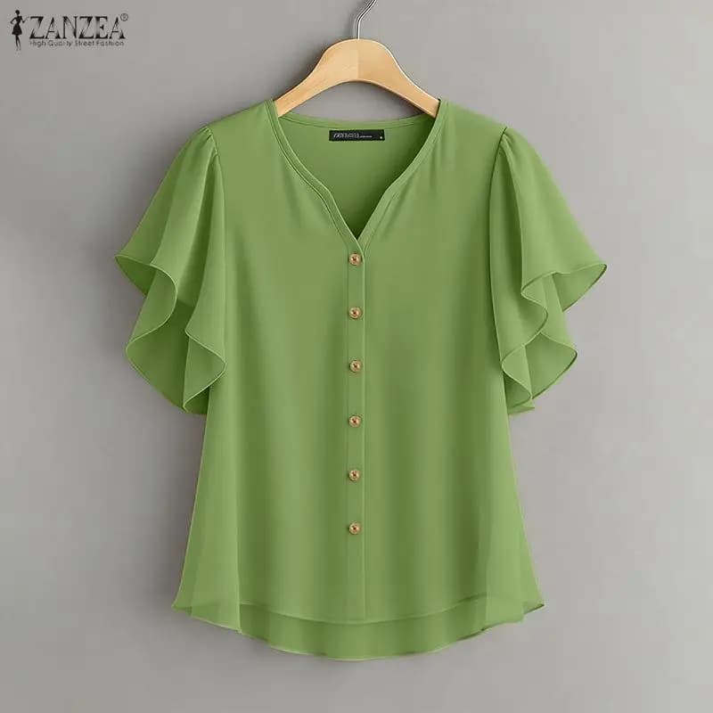 ZANZEA 2026 - Camicetta Estiva da Donna Elegante con Scollo a V e Maniche Corte a Balze, Blusa Casual da Lavoro OL, Tinta Unita, per Vacanze