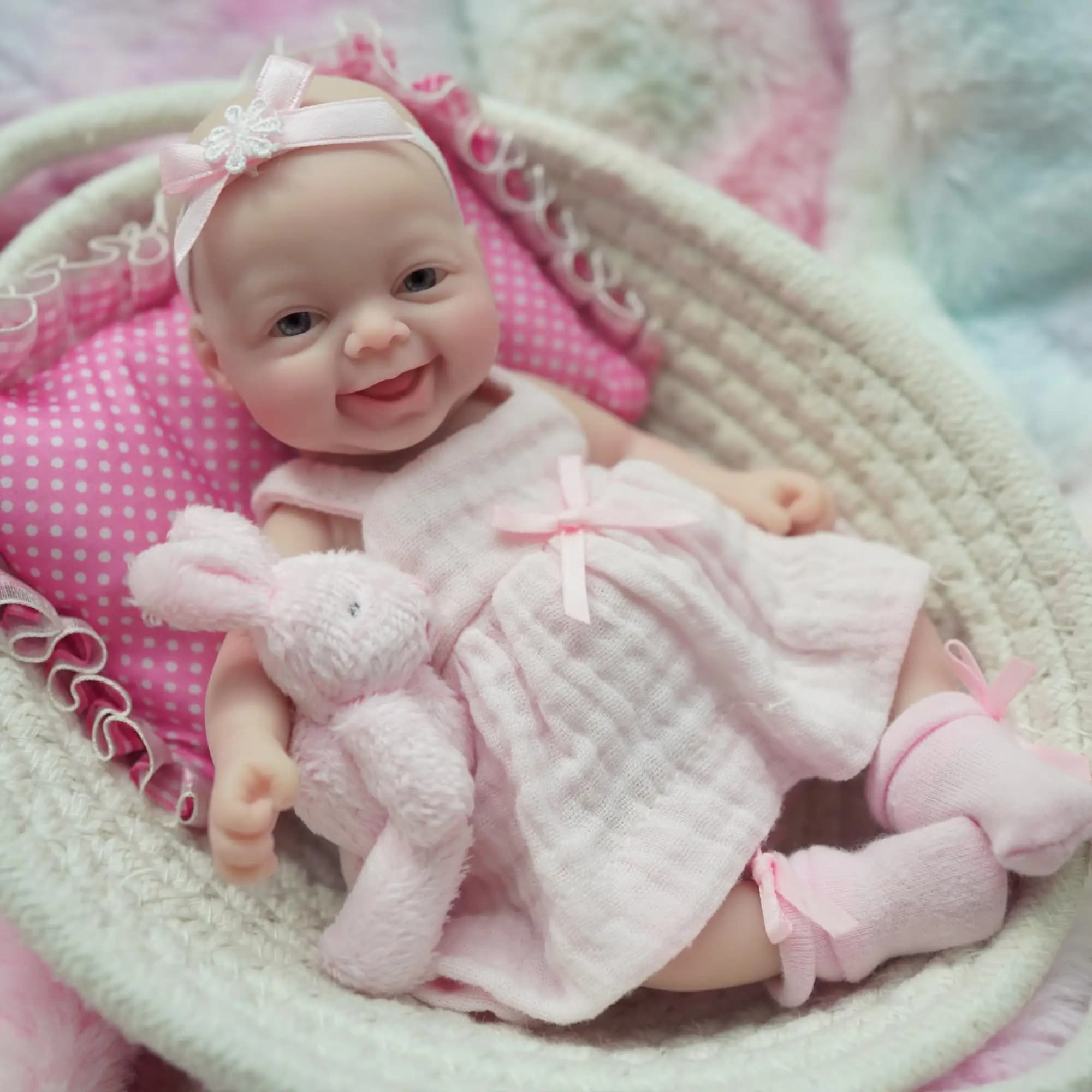 Neonati in miniatura Bambole per bambini rinate in silicone da 7 pollici per tutto il corpo Bambole per bambine che sembrano reali con un vestito rosa dai 3 anni in su