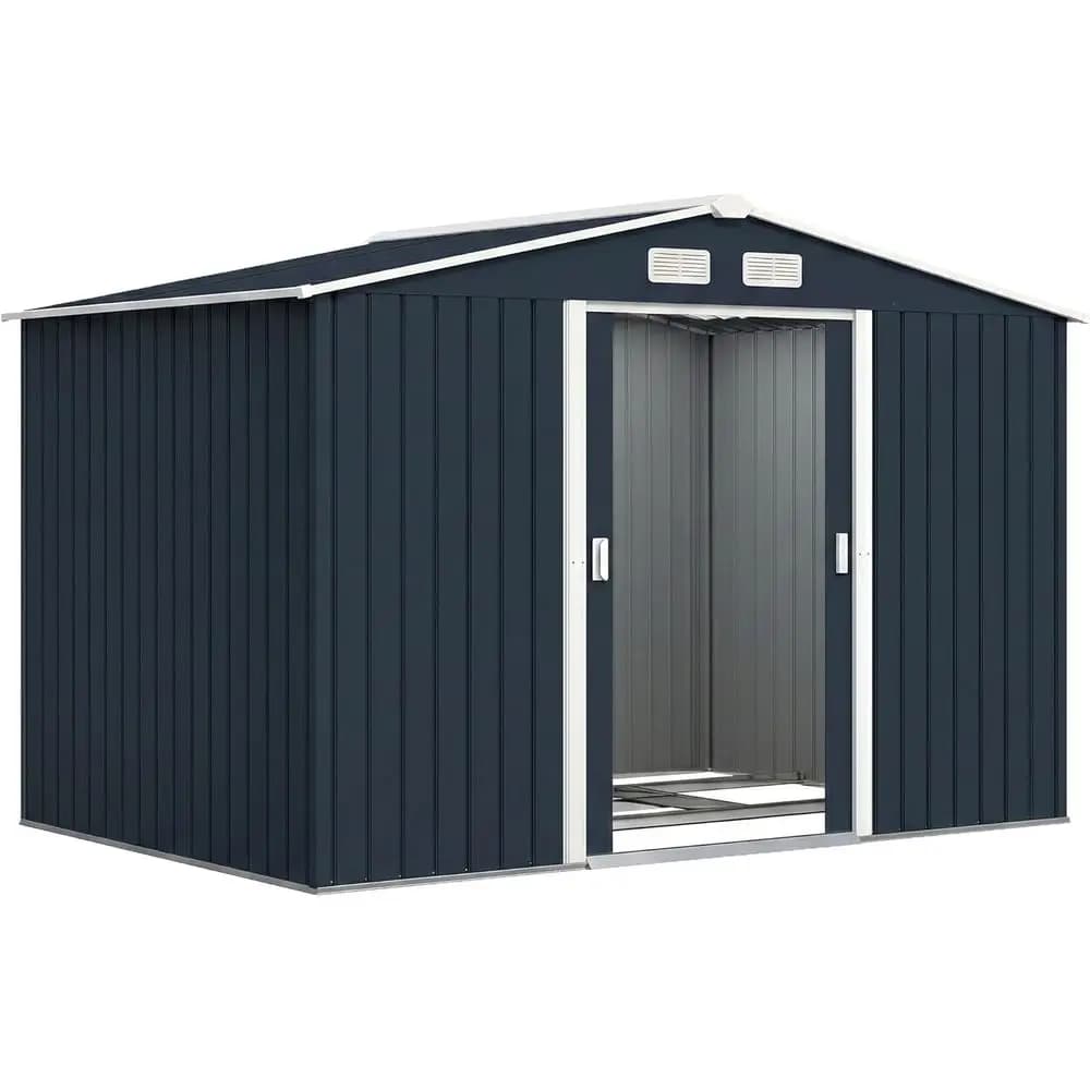 Casetta da giardino in metallo 6' x 9' con kit di fondazione, doppie porte, prese d'aria e tetto inclinato per attrezzi da giardino, colore grigio