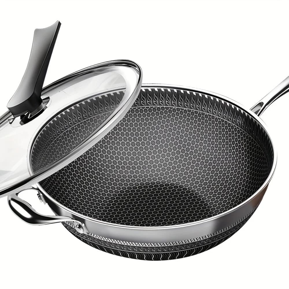 Wok in acciaio inossidabile da 13,3 pollici con coperchio e spatola, padelle antiaderenti con 2 accessori da cucina gadget, gadget da cucina