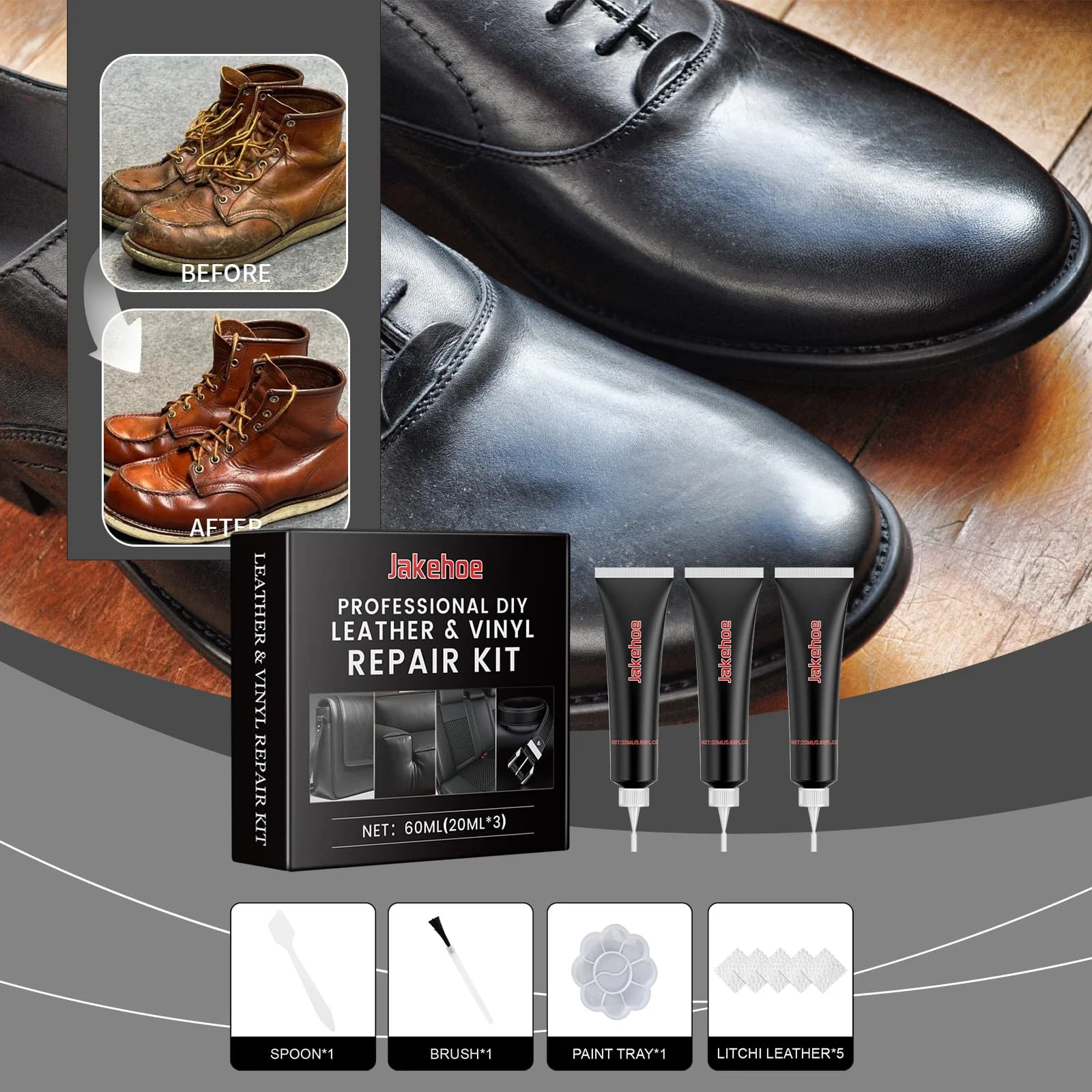 Leather repair kit for sofas, car seats, furniture, scratch repair and color restoration, deep moisture protection with matching tools, 1 set