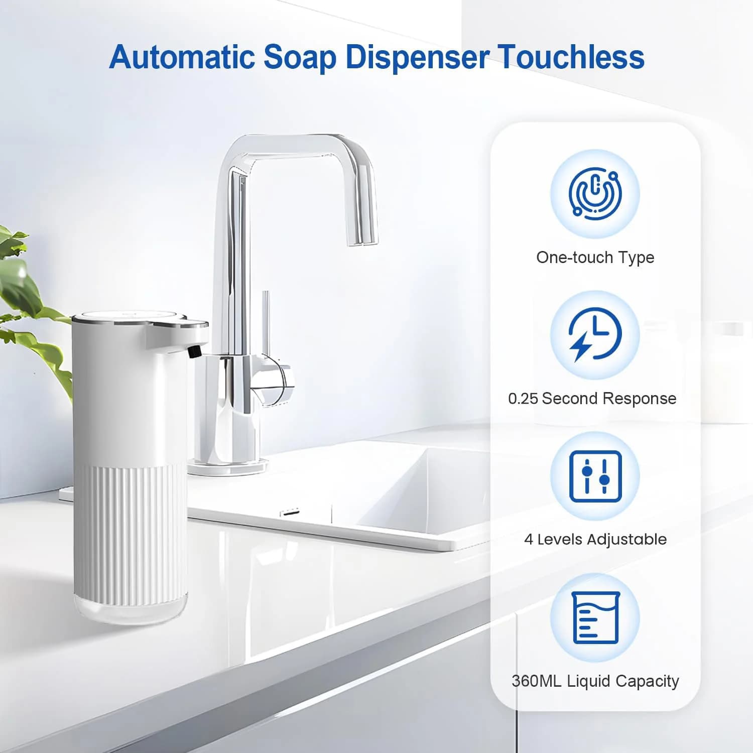 Dispenser di sapone da cucina con senso automatico intelligente elettrico ricaricabile regolabile a 4 livelli impermeabile IPX5 da 360 ml