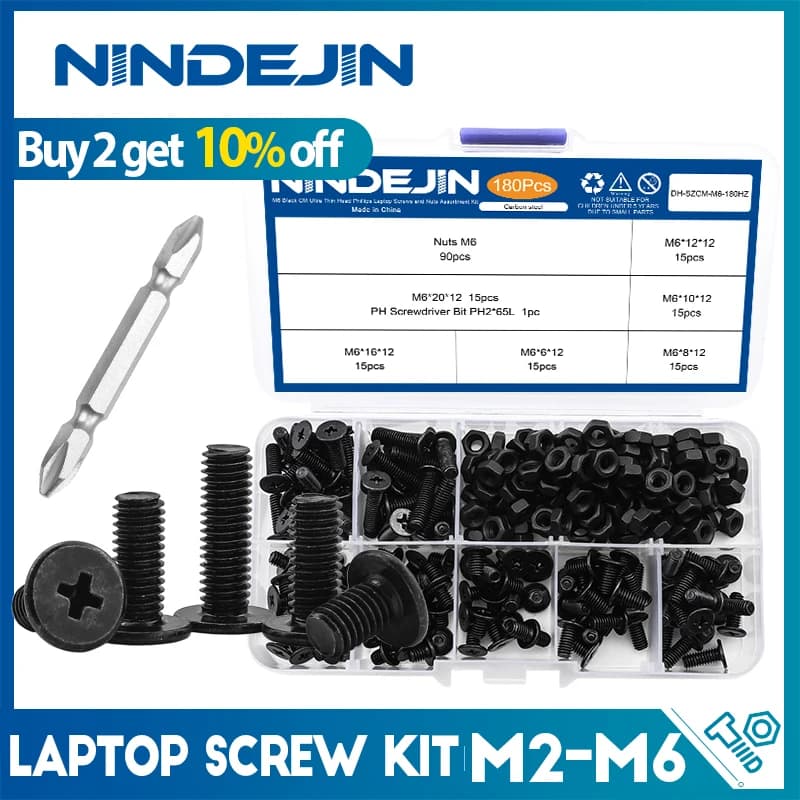 NINDEJIN M2-M6 Set di viti per laptop a testa piatta sottile Acciaio al carbonio nero Assortimento di dadi per viti a macchina Phillips con testa in wafer ultra sottile