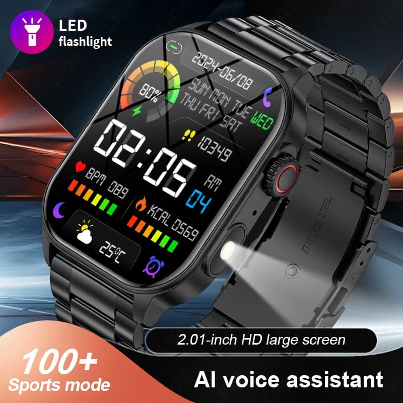 LIGE New Military Smartwatch with LED Flashlight, Sport Watch with 2.01'' Screen, Health Monitoring, Bluetooth Calls, Waterproof, For Men