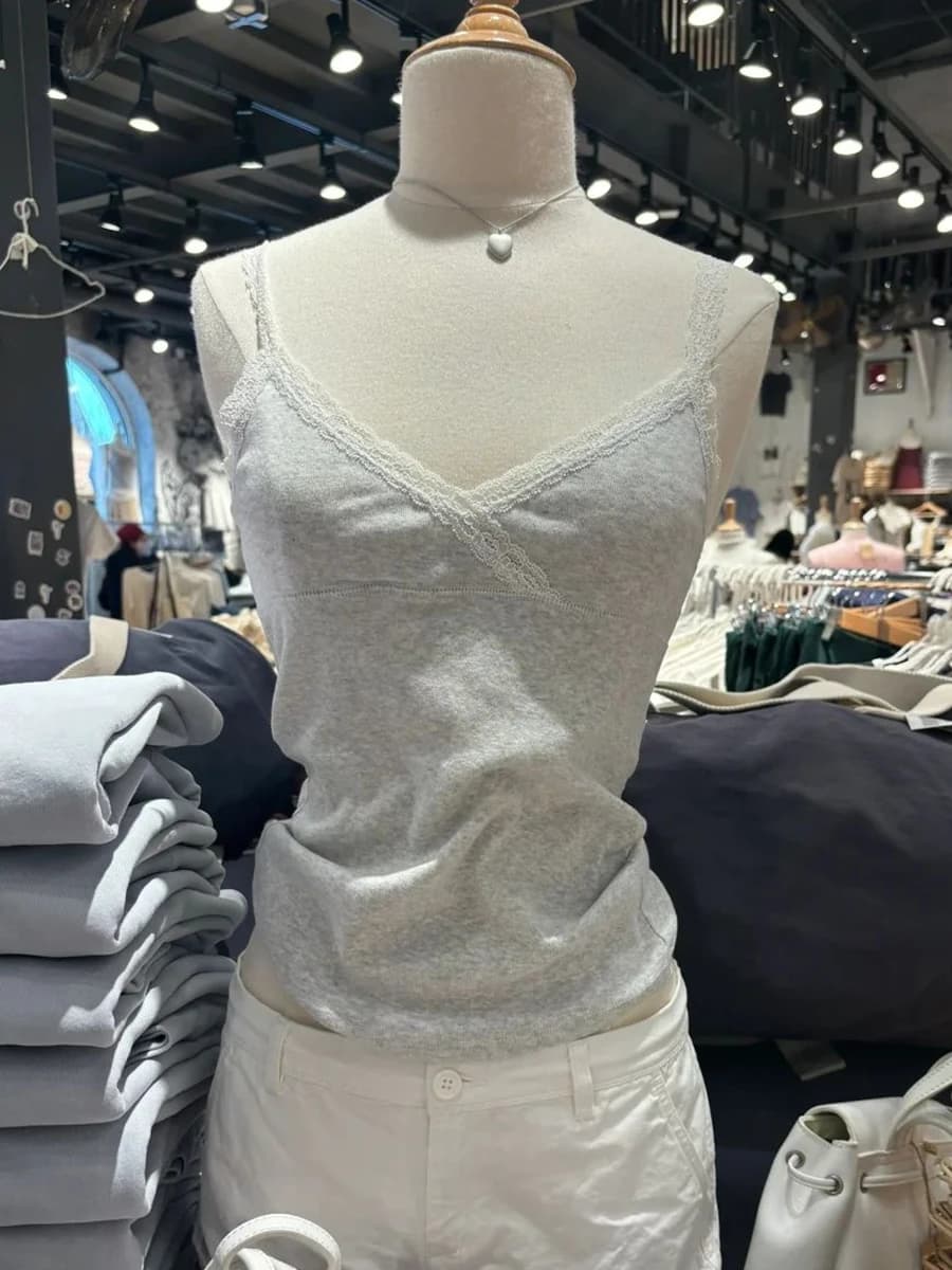 Canotte sottili patchwork con finiture in pizzo Canotte sexy in cotone senza maniche con scollo a V Canotte estive da donna Canottiere vintage semplici di base Y2k