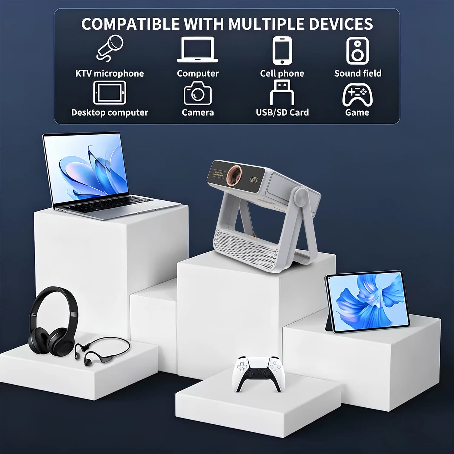 180° Rotating Smart Projector 7" 1080P UHD Auto Focus Android 12 WiFi BT Phone Sync HDMI Bedroom