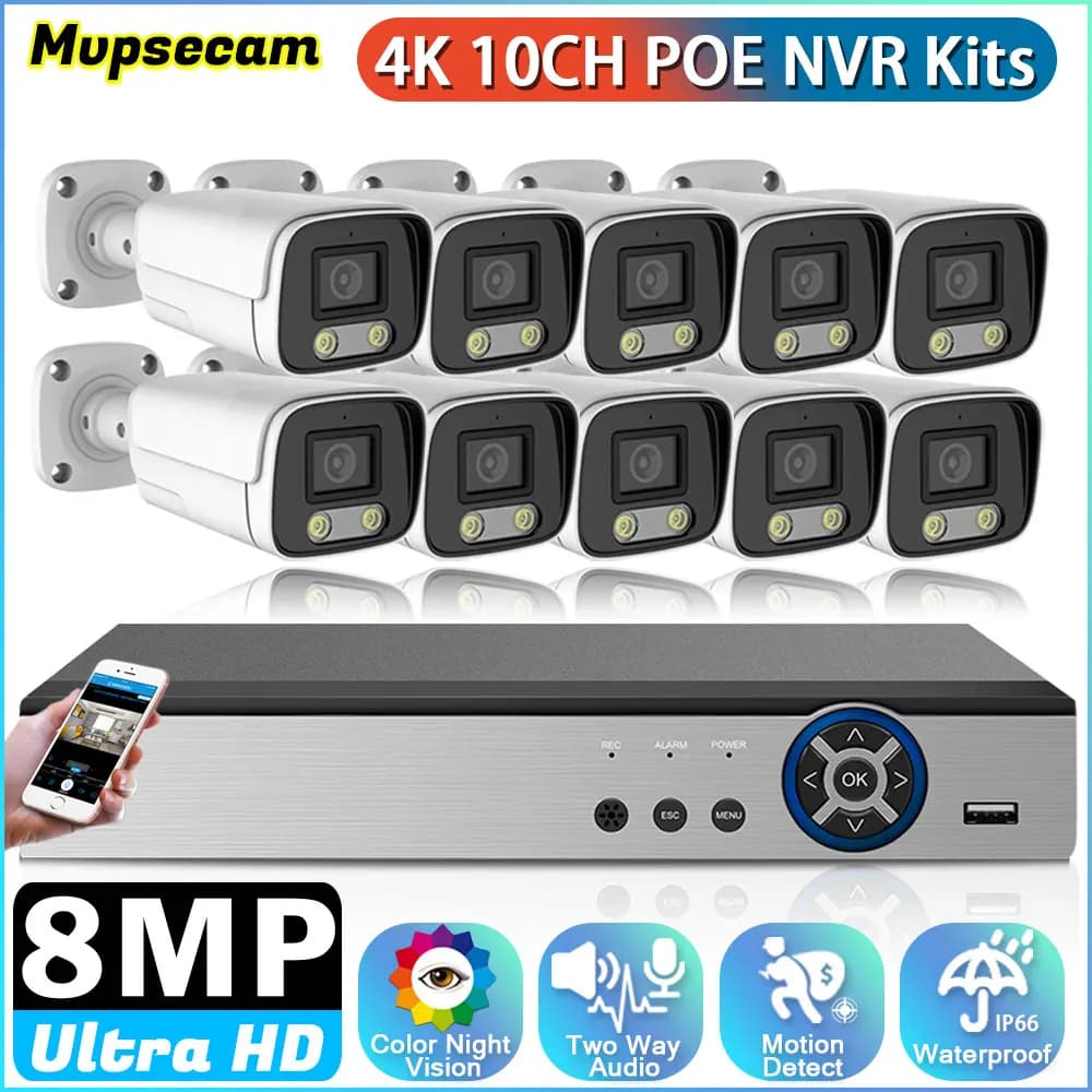 10CH 8MP HD videosorveglianza telecamera IP POE Full-Color Night Vision Security Outdoor Smart 4K CCTV NVR Kit sistema Audio a 2 vie