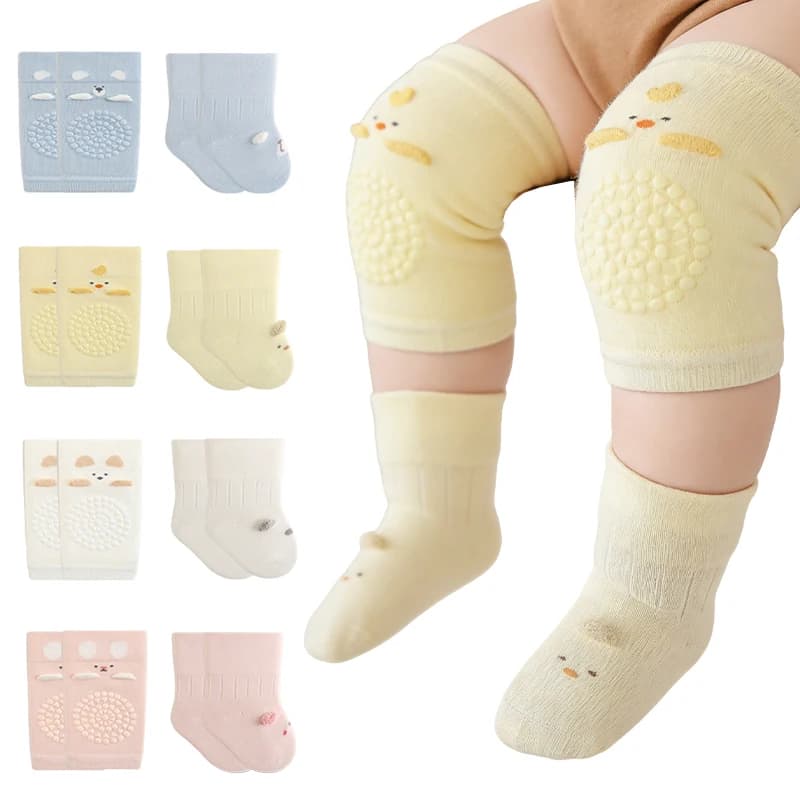 Set di 2 Paia di Ginocchiere Antiscivolo per Neonati e Calzini Antiscivolo Unisex per Bambini