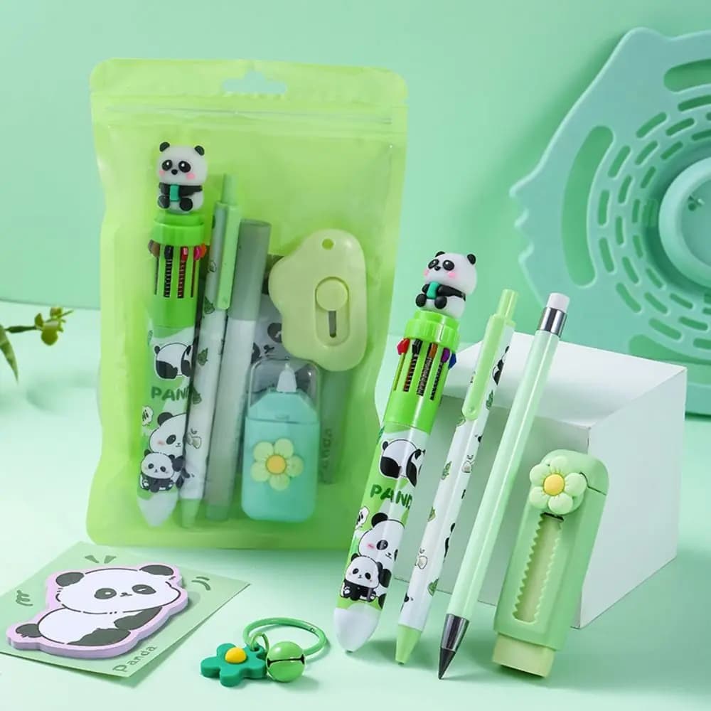 Set di cancelleria multifunzionale 8 in 1 Penna a sfera con design panda Penna gel Premio scolastico