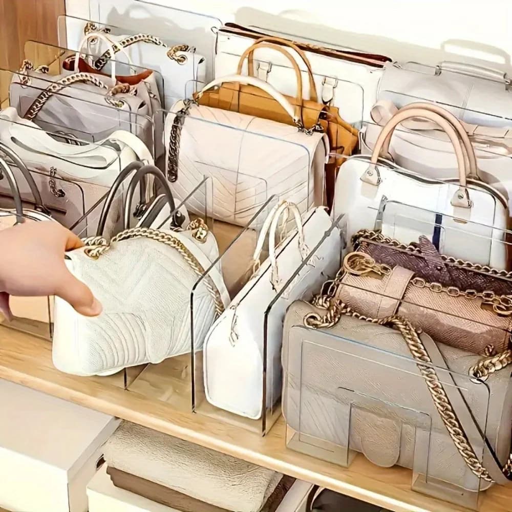 Organizer per borse in acrilico trasparente, portaoggetti per borse sospese a 3 scomparti, ripiano divisorio per borse da armadio per tote, pochette