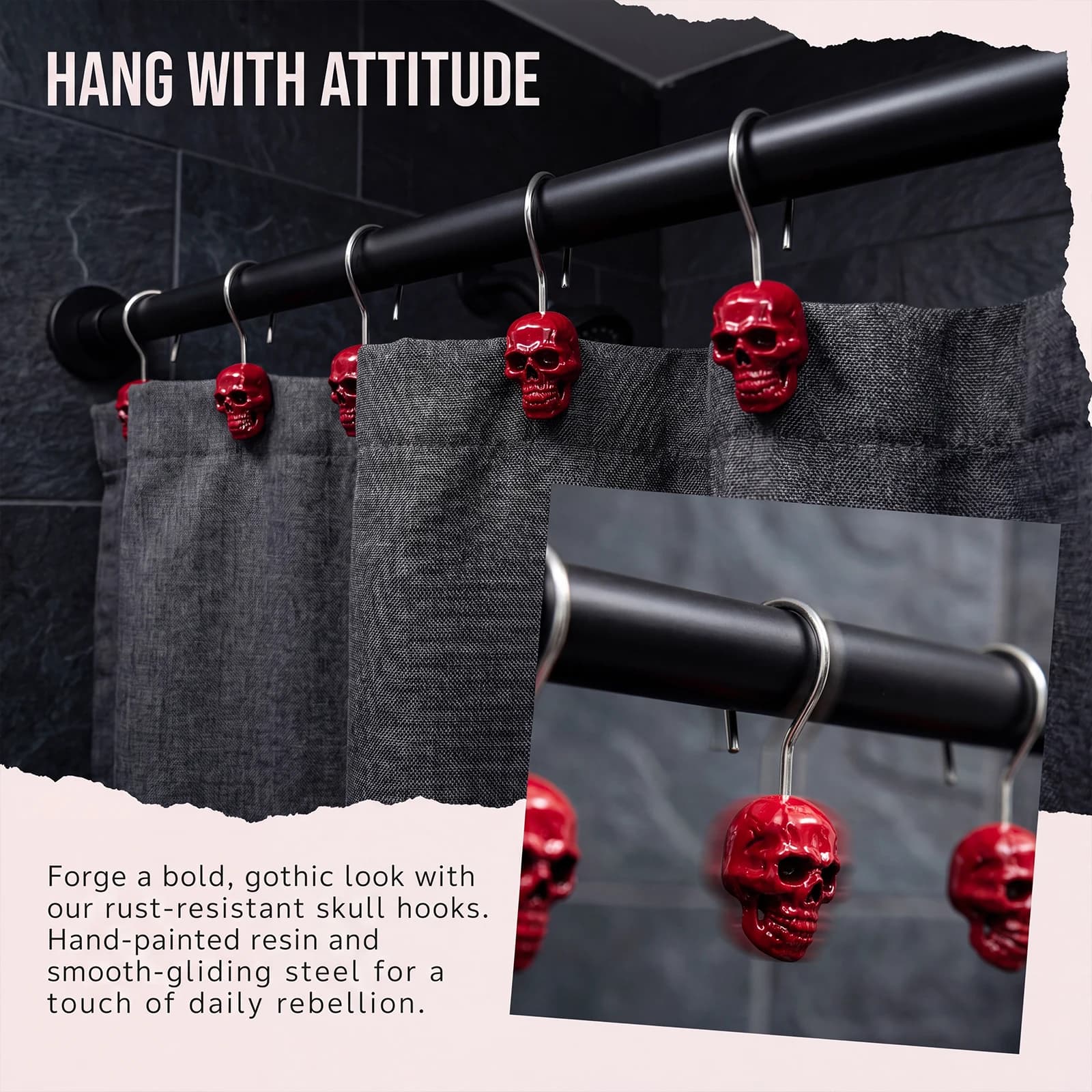 12Pcs Red Skull Shower Curtain Hooks, Gothic Bathroom Decor Accessories, Metal Curtain Rings for Bath, Kitchen & Home
