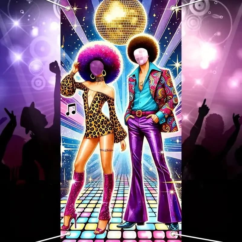 Sfondo per cabina fotografica per feste da ballo in discoteca anni '70 - Banner scavato a tema retrò con vivaci luci al neon e palla da discoteca per il compleanno,