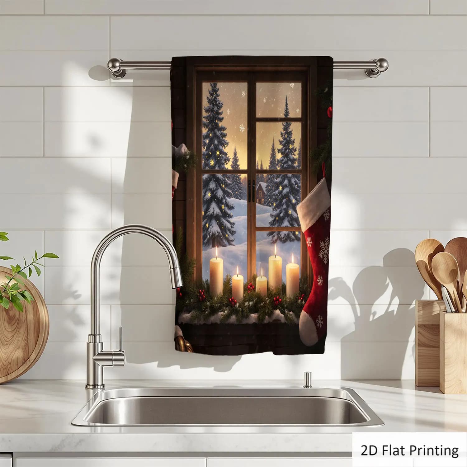 1 pezzo di asciugamano da bagno con motivo natalizio, candele, calze e scena innevata, in microfibra di poliestere, disponibile in diverse misure, asciugamano decorativo unico per la casa e la cucina, accessori decorativi per il bagno a tema natalizio, ad asciugatura rapida e assorbente.