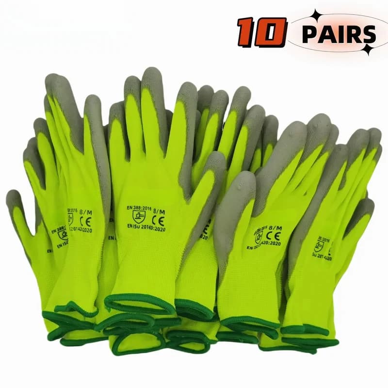 10 pairs of PU coated work gloves: light and durable safety gloves certified EN 388/ISO20471, S/M/L/ sizes XL