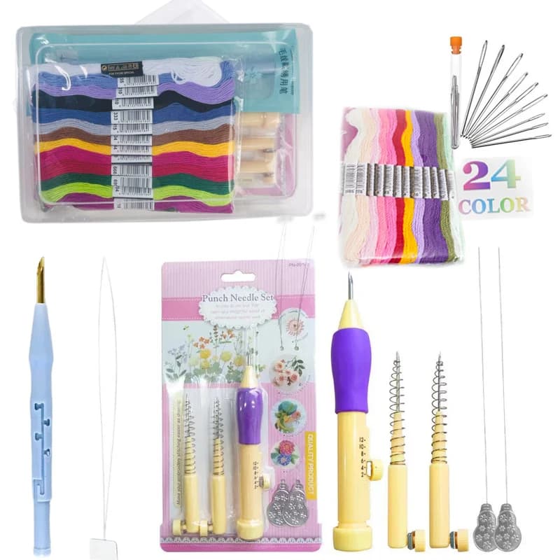 Punch Needle Embroidery Kit with Colorful Thread and Interchangeable Needles for DIY Craft Projects