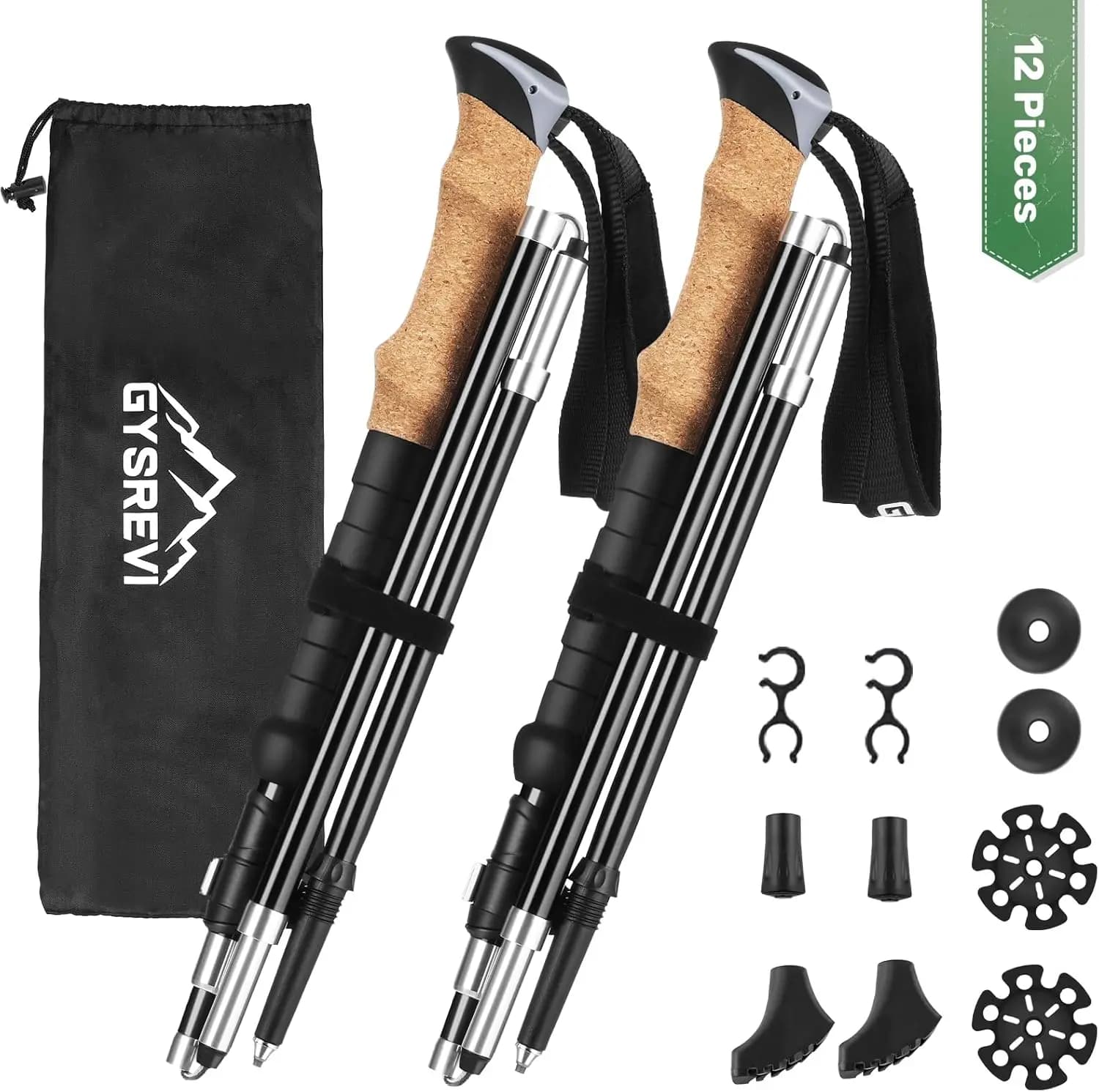 Light folding trekking poles, aluminium 7075, adjustable 110-130 cm, cork handle, 4 rubber tips
