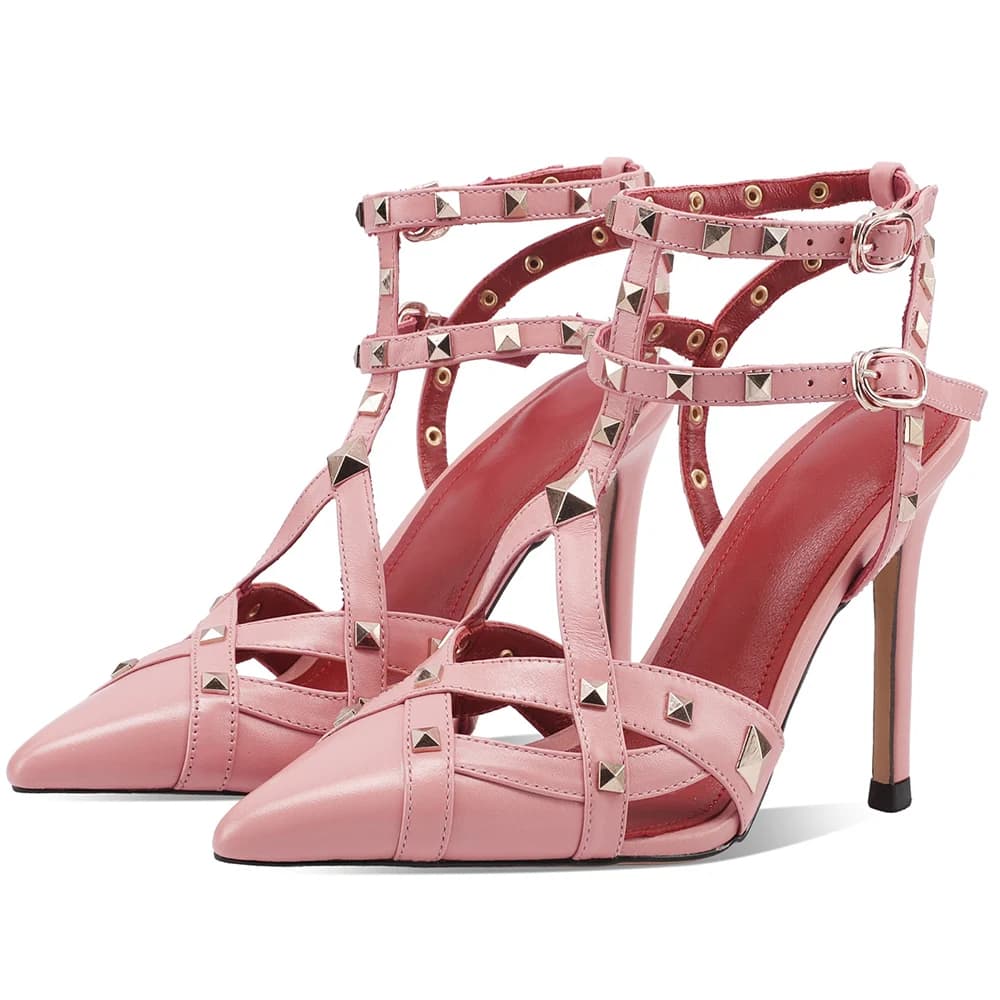 Genuine Leather Cowhide New Riveted Women's Sandals,Pointy Toe High Heels, Fashion Summer Women Shoes