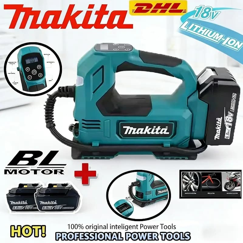 Pompa ad aria senza fili Makita | Compressore d'aria senza spazzole con display digitale per auto, moto e biciclette, compatibile con batterie Makita