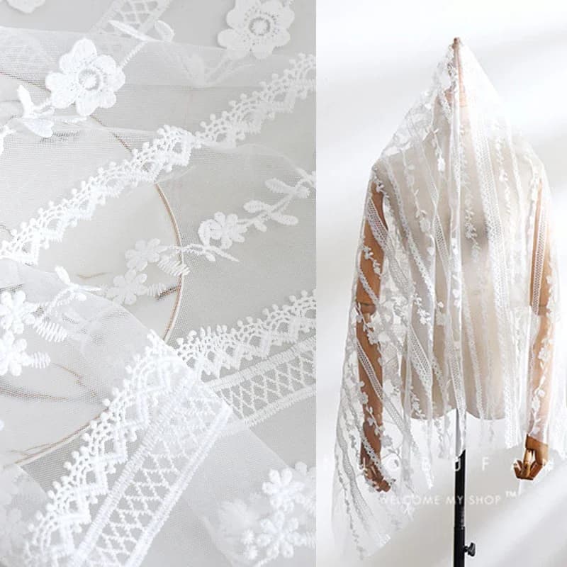 Mesh fabric three-dimensional embroidery soft yarn white lace dress clothing wedding dress fabric handmade DIY cloth