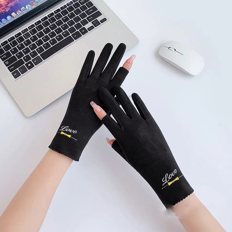 Donne autunno inverno spettacolo sottile due dita Touch Screen digitando guida guanto lettera Cherry Blossom Sport caldo guanto da ciclismo O24