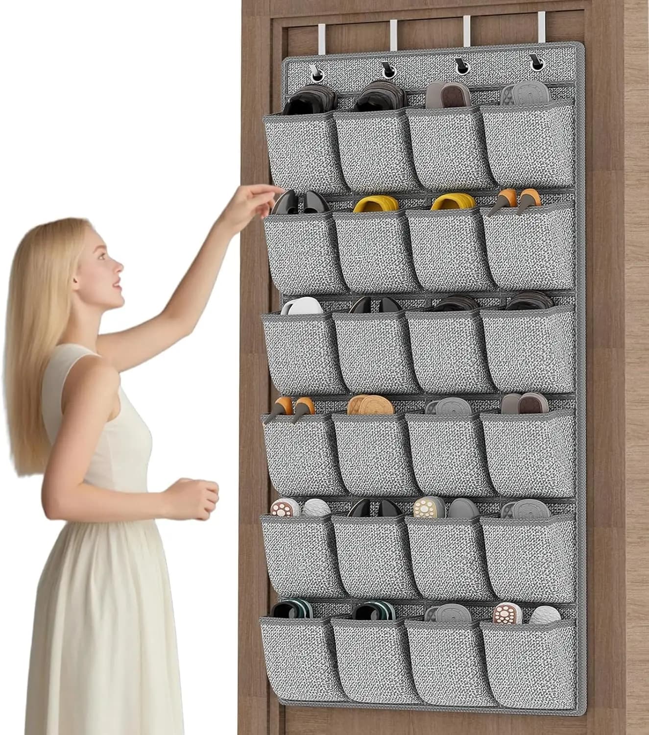 Organizzatore per Scarpe da Appendere Sopra la Porta con 24 Grandi Tasche per Sneakers, Tacchi e Oggetti Vari, Grigio 61,4x22 Pollici