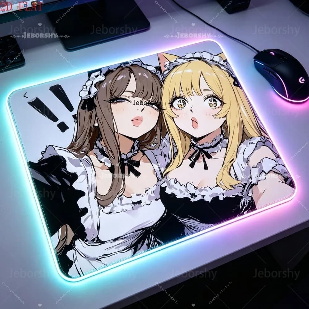 RGB LED Gaming Mouse Pad, Anime Cat Maid Girls Print, Perfect Gift for Gamers