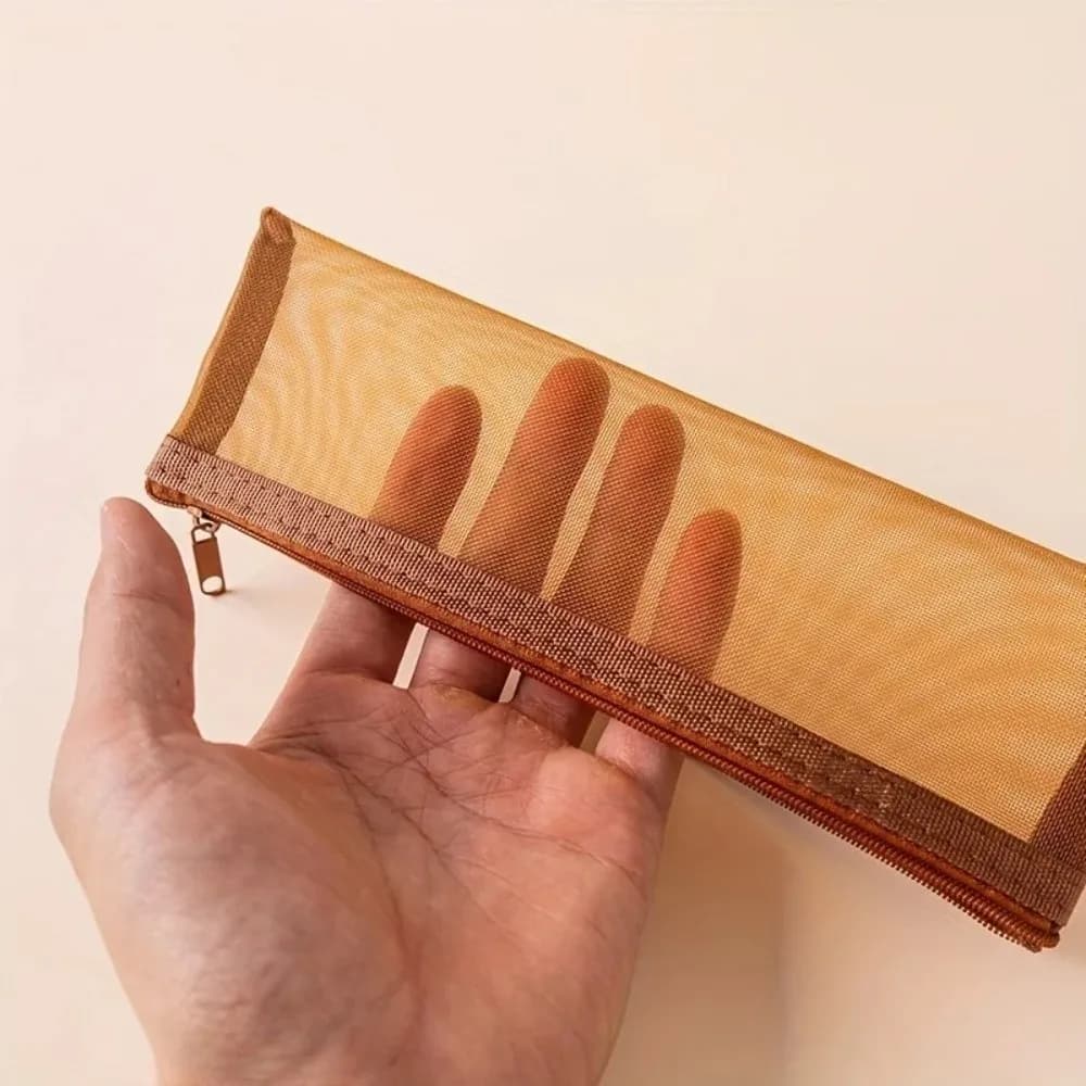 Borsa porta pennelli trucco in rete alla moda, tinta unita, con cerniera, multifunzionale, pratica per cosmetici e penne