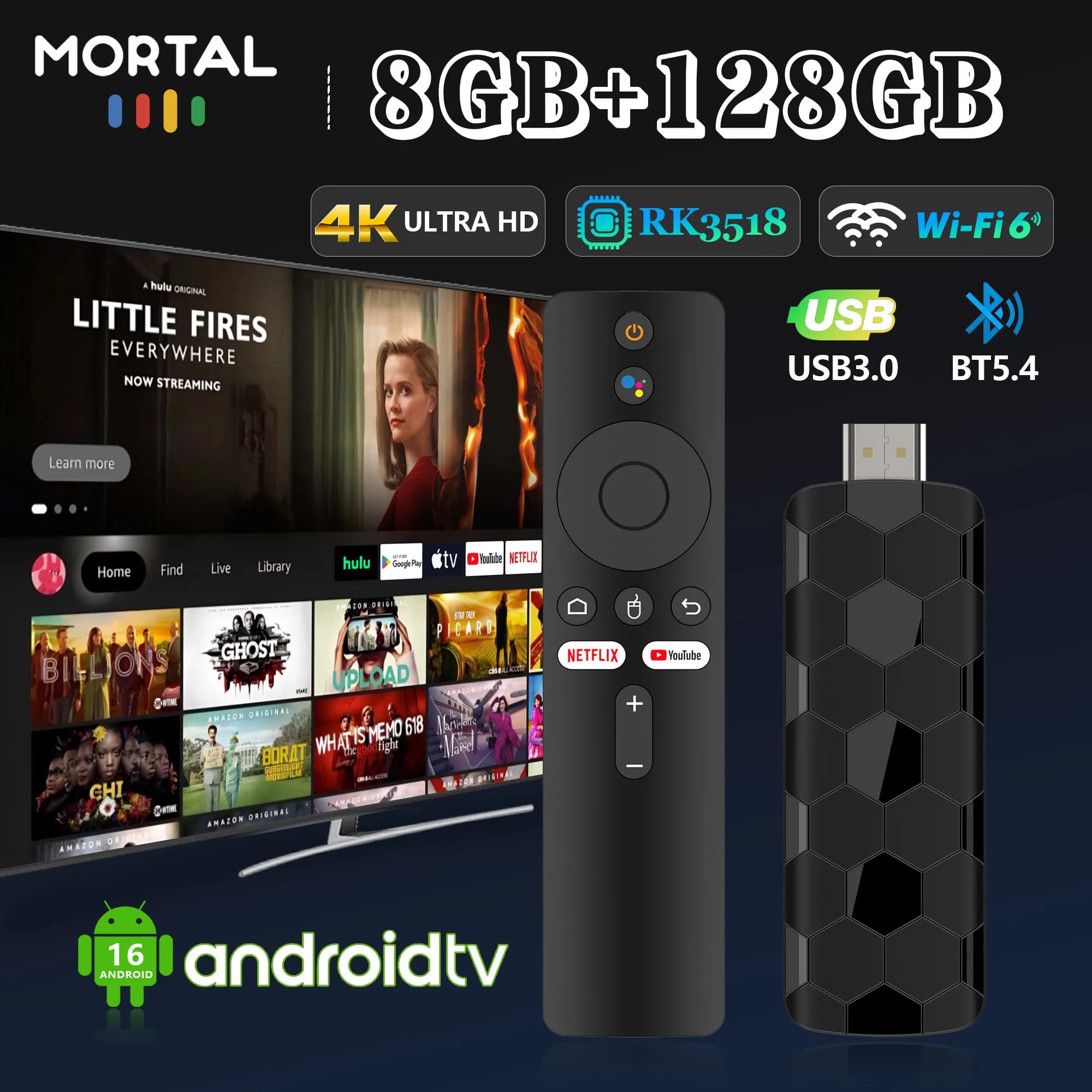 Mini Tv Stick R3+ Android16.0 4K HD Telecomando vocale 8 GB 128 GB Google Wifi 6 BT5.0 H.264 RK3518 Lettore multimediale per streaming home theater