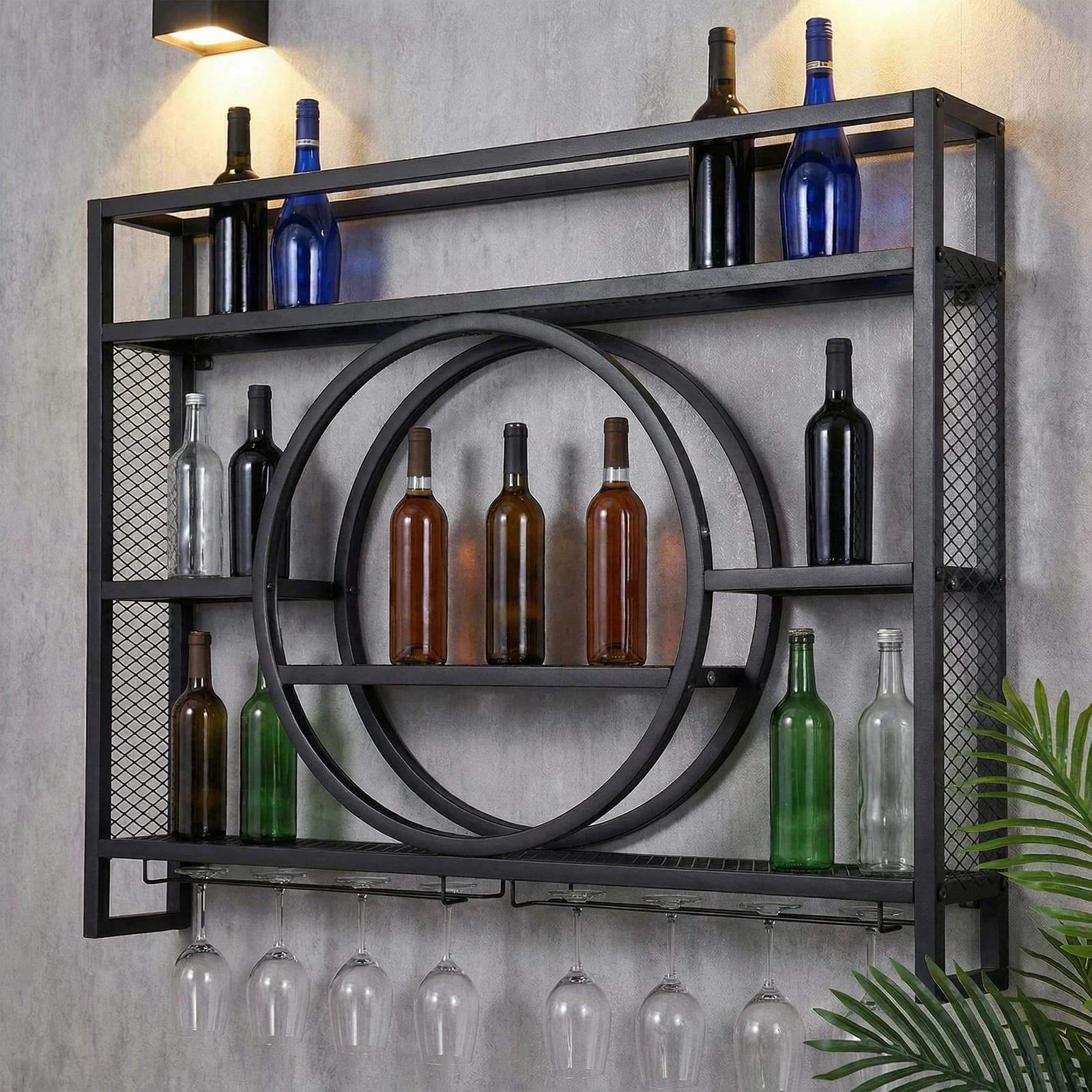 Scaffale Industriale Sospeso per Liquori, Portabottiglie in Metallo da Parete a 3 Livelli con Luce LED e Portabicchieri per Bottiglie di Vino e Liquori