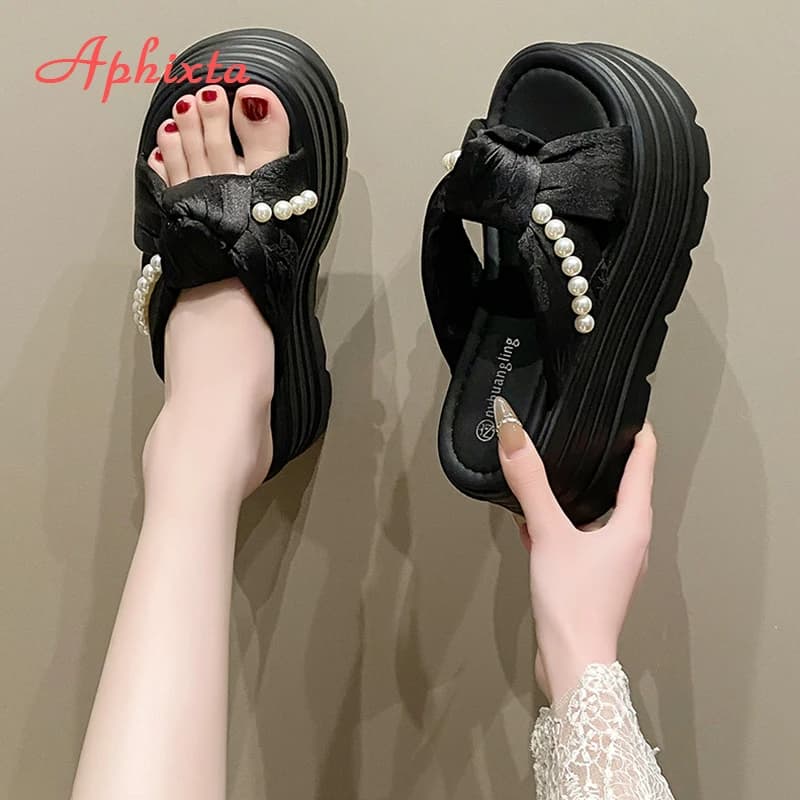 Aphixta Pearl Platform Sandals 8cm High Heels Slippers Women Slides Shoes Wedge Slippers String Bead Summer Beach Slides Shoes