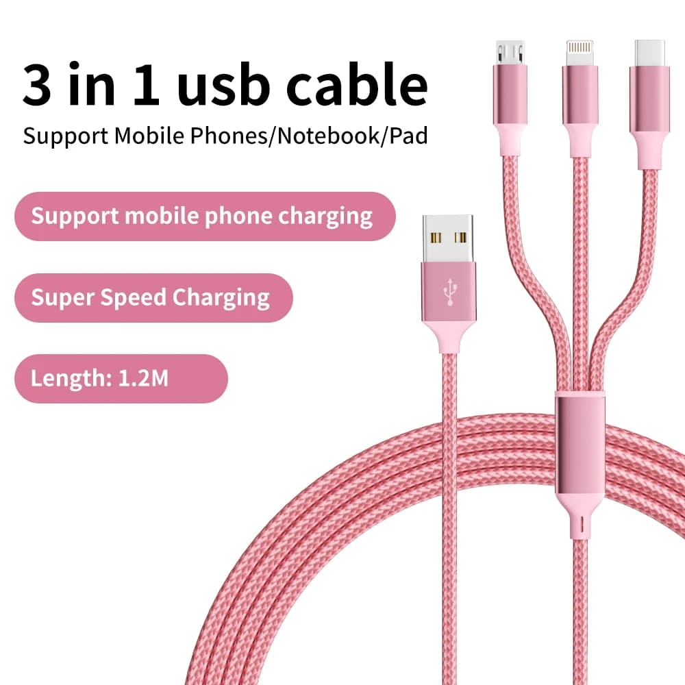 3In1 Multi Functional USB Cable 4Ft Pink Fast Charger Charging Cable For iPhone Xiaomi Huawei Samsung Charger Wire For iPad