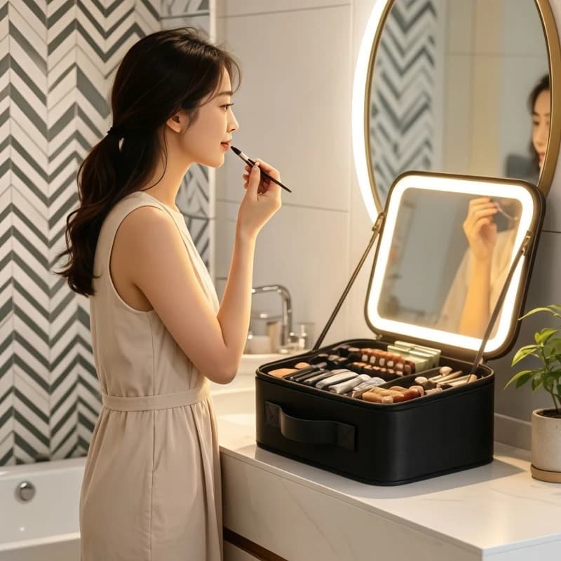 High-End Illuminated Makeup Case with Mirror LED Cosmetic Bag, Battery-Powered Portable Large Capacity Makeup Box